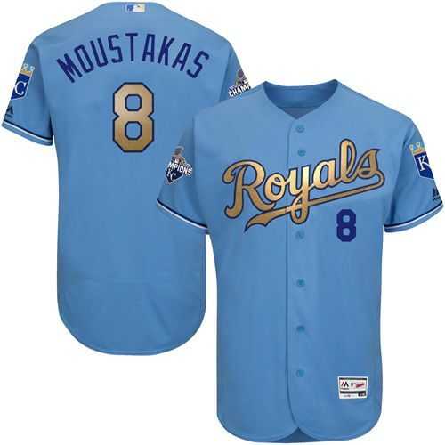 Glued Kansas City Royals #8 Mike Moustakas Light Blue FlexBase 2015 World Series Champions Gold Program Baseball Jersey,We sell and wholesale Glued Kansas City Royals #8 Mike Moustakas Light Blue FlexBase 2015 World Series Champions Gold Program Baseball Jersey on line form chian!